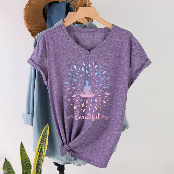 Olivenorma Gradient Leaf Mandala Meditation Figure Beautiful Script Graphic Women's V Neck T-Shirt - Purple - 2XL - image 37