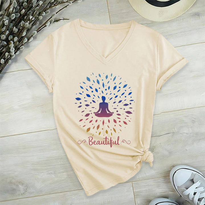 Olivenorma Gradient Leaf Mandala Meditation Figure Beautiful Script Graphic Women's V Neck T-Shirt - image 9
