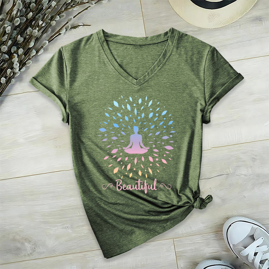 Olivenorma Gradient Leaf Mandala Meditation Figure Beautiful Script Graphic Women's V Neck T-Shirt - image 6