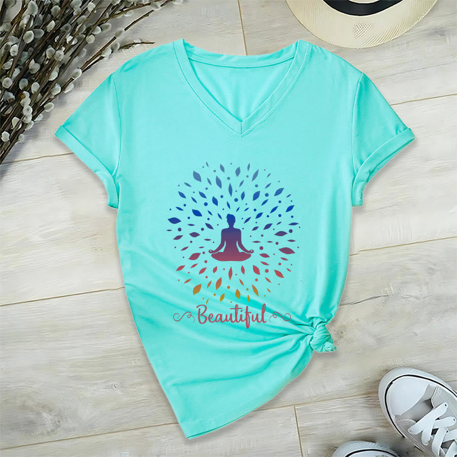 Olivenorma Gradient Leaf Mandala Meditation Figure Beautiful Script Graphic Women's V Neck T-Shirt - image 15