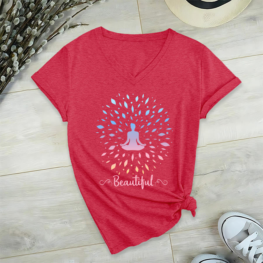 Olivenorma Gradient Leaf Mandala Meditation Figure Beautiful Script Graphic Women's V Neck T-Shirt - image 27