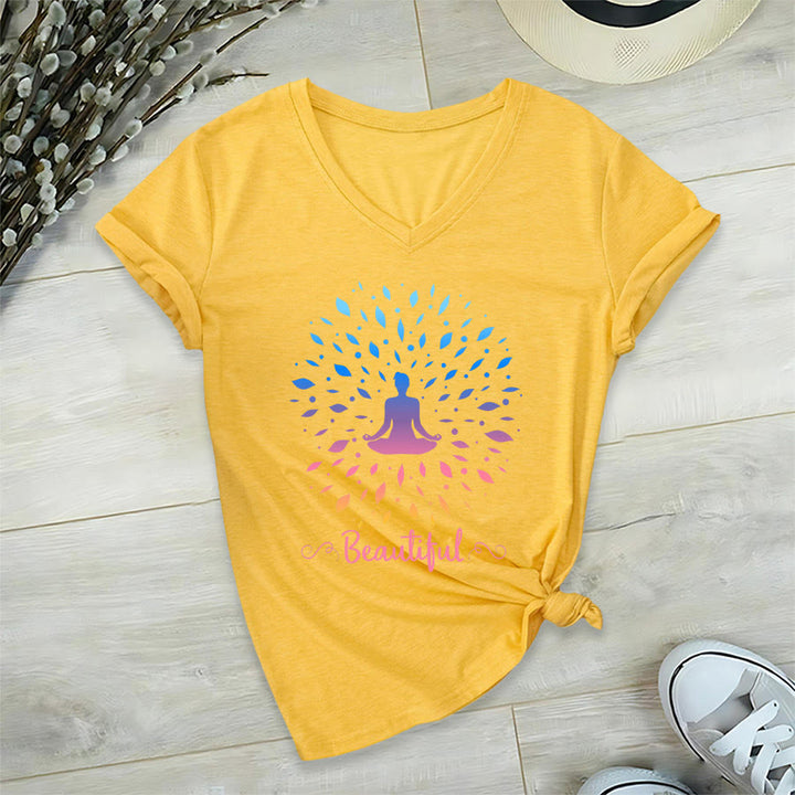 Olivenorma Gradient Leaf Mandala Meditation Figure Beautiful Script Graphic Women's V Neck T-Shirt - image 30