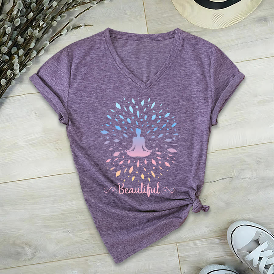Olivenorma Gradient Leaf Mandala Meditation Figure Beautiful Script Graphic Women's V Neck T-Shirt - image 36