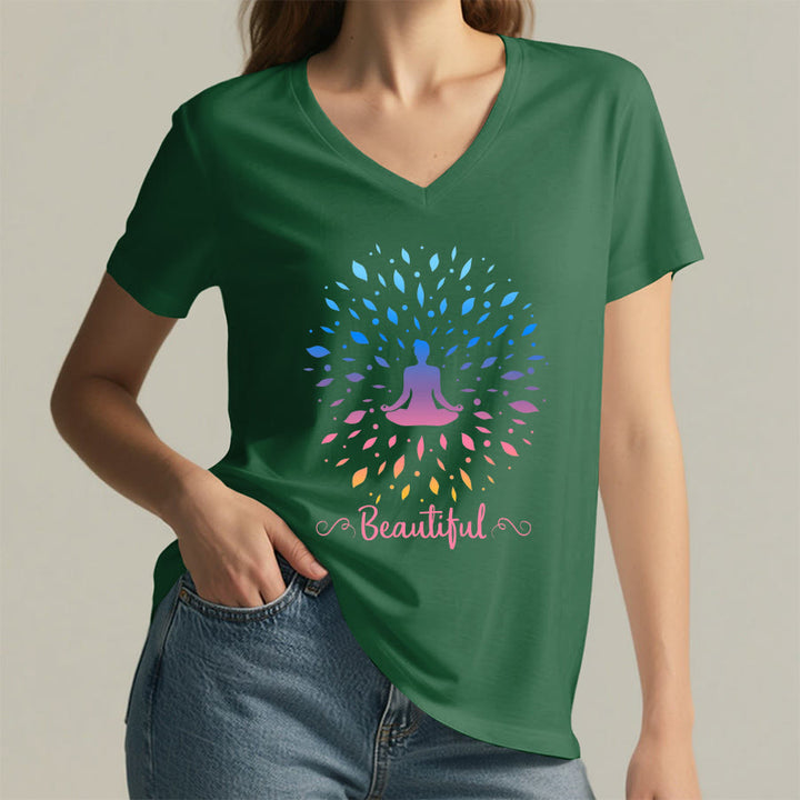 Olivenorma Gradient Leaf Mandala Meditation Figure Beautiful Script Graphic Women's V Neck T-Shirt - image 5