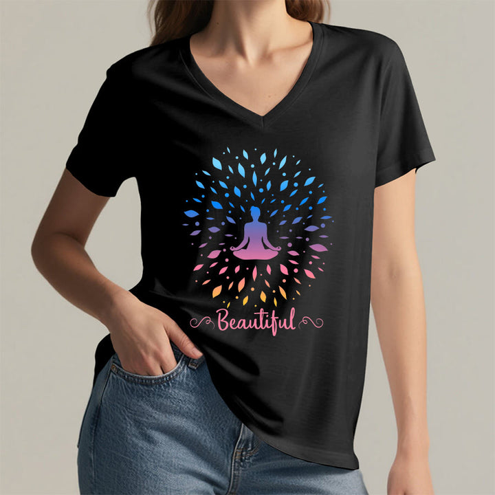 Olivenorma Gradient Leaf Mandala Meditation Figure Beautiful Script Graphic Women's V Neck T-Shirt - image 2