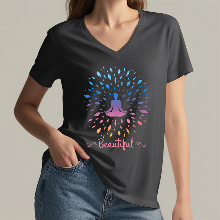 Olivenorma Gradient Leaf Mandala Meditation Figure Beautiful Script Graphic Women's V Neck T-Shirt - image 20