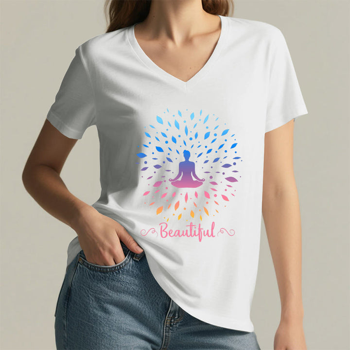 Olivenorma Gradient Leaf Mandala Meditation Figure Beautiful Script Graphic Women's V Neck T-Shirt - image 23
