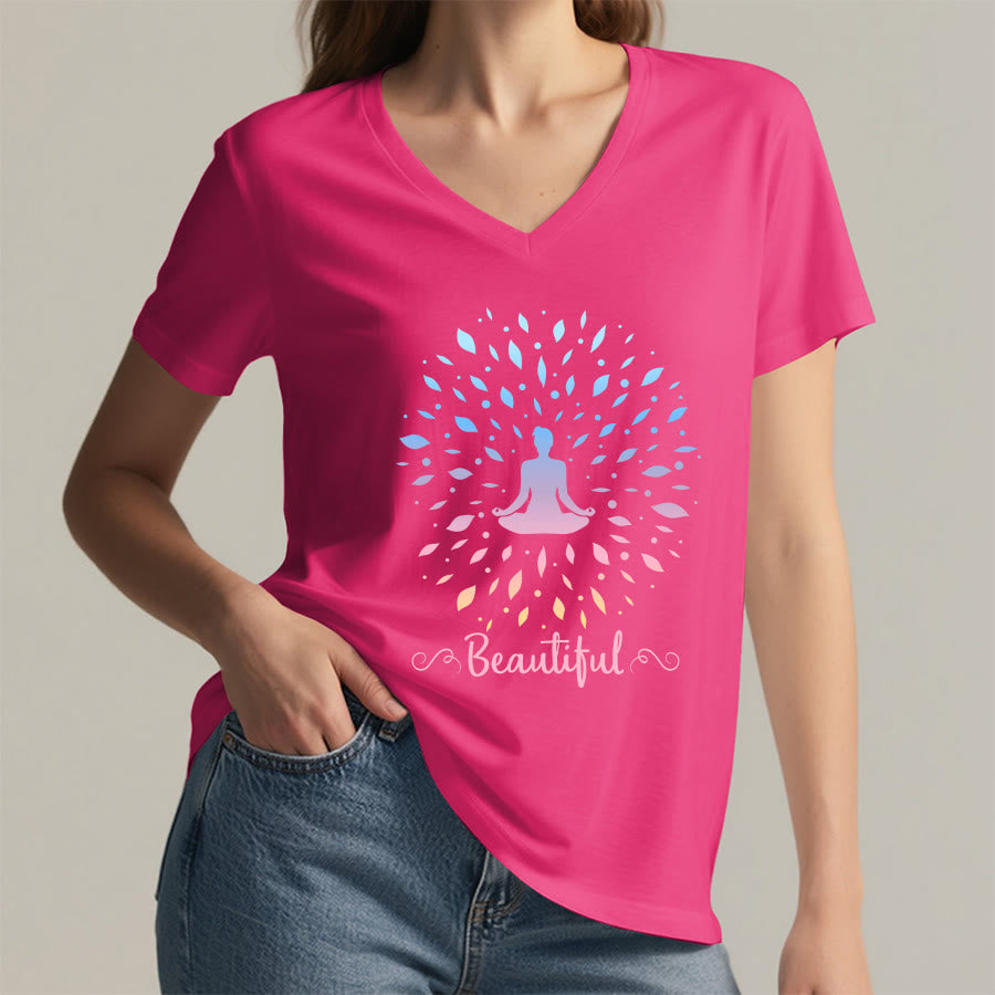 Olivenorma Gradient Leaf Mandala Meditation Figure Beautiful Script Graphic Women's V Neck T-Shirt - image 35