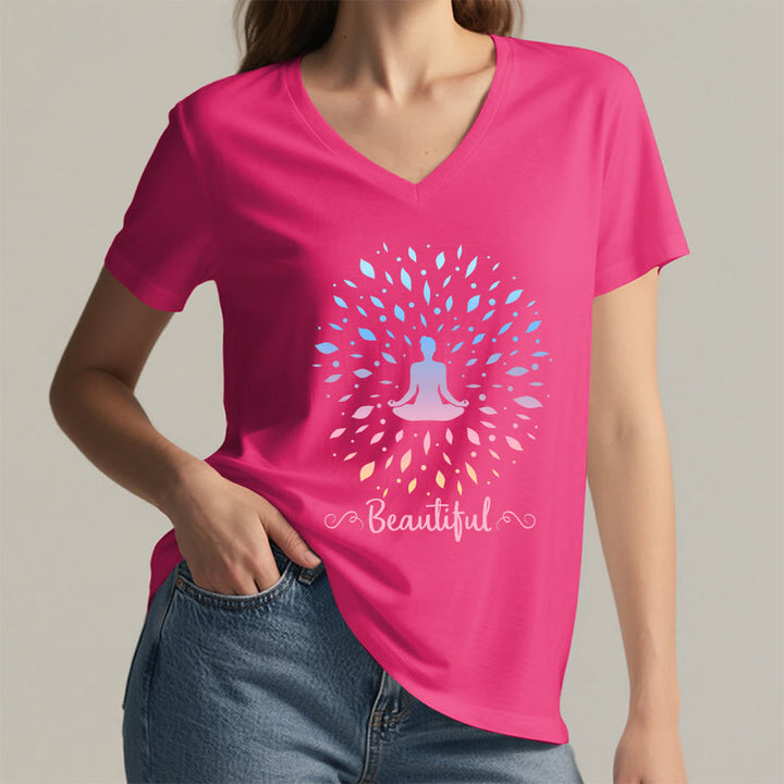 Olivenorma Gradient Leaf Mandala Meditation Figure Beautiful Script Graphic Women's V Neck T-Shirt - image 35