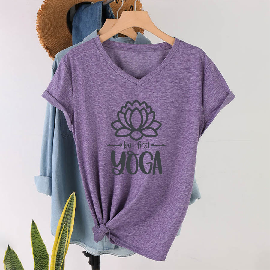 Olivenorma But First Yoga Simple Outline Lotus Text Graphic Women's V Neck T-Shirt - Purple - 2XL - image 37