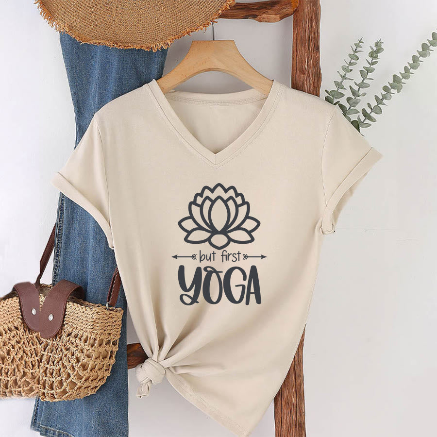 Olivenorma But First Yoga Simple Outline Lotus Text Graphic Women's V Neck T-Shirt - Khaki - 2XL - image 10