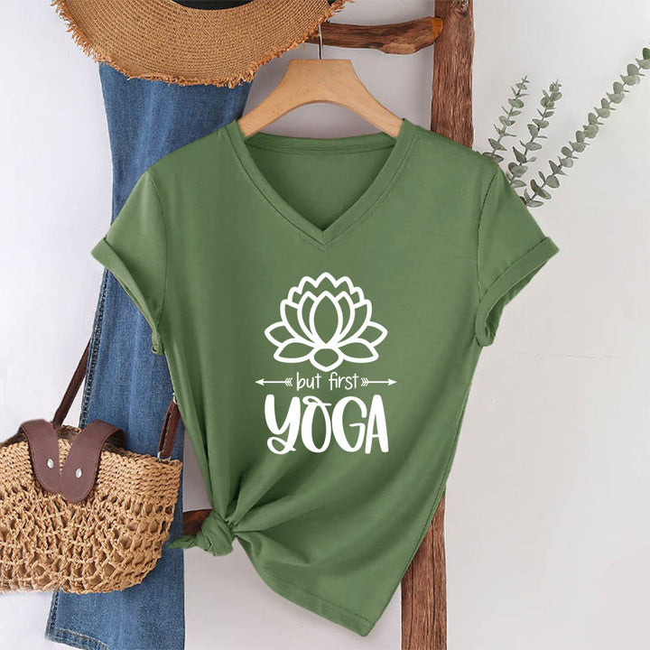 Olivenorma But First Yoga Simple Outline Lotus Text Graphic Women's V Neck T-Shirt - Olive Green - 2XL - image 1