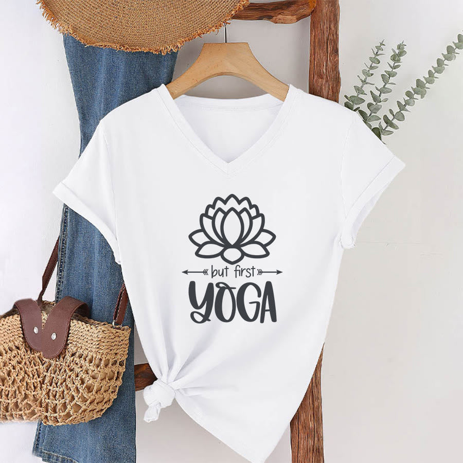 Olivenorma But First Yoga Simple Outline Lotus Text Graphic Women's V Neck T-Shirt - White - 2XL - image 4