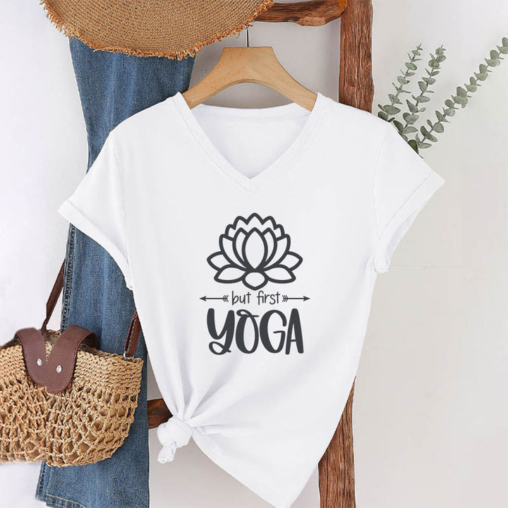 Olivenorma But First Yoga Simple Outline Lotus Text Graphic Women's V Neck T-Shirt - White - 2XL - image 4