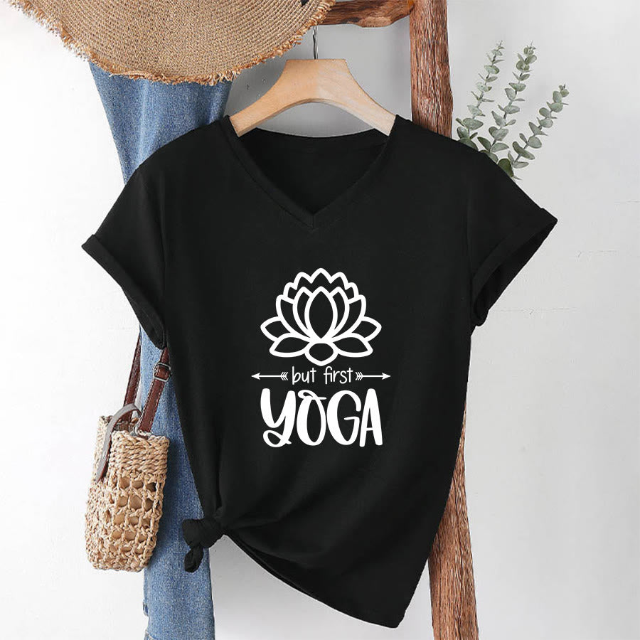 Olivenorma But First Yoga Simple Outline Lotus Text Graphic Women's V Neck T-Shirt - Black - 2XL - image 19