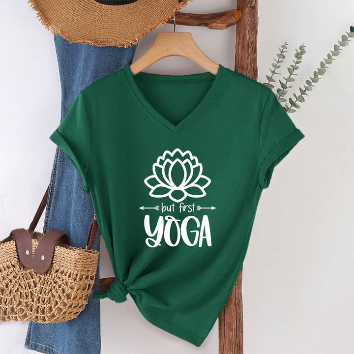 Olivenorma But First Yoga Simple Outline Lotus Text Graphic Women's V Neck T-Shirt - Dark Green - 2XL - image 7