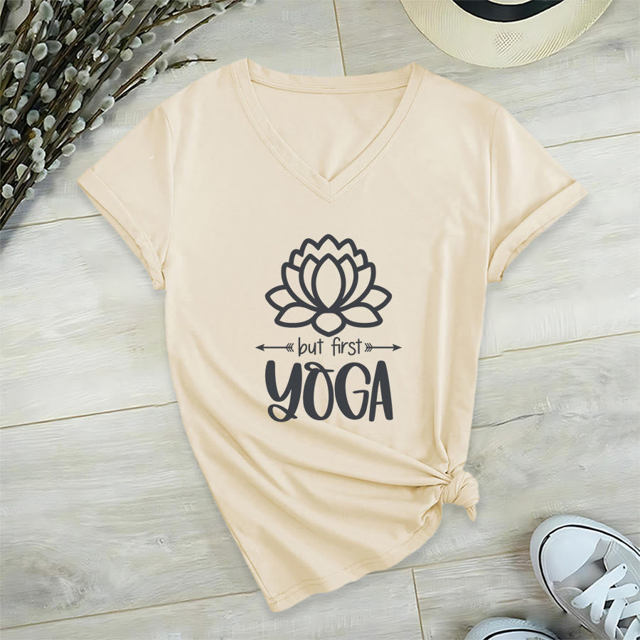 Olivenorma But First Yoga Simple Outline Lotus Text Graphic Women's V Neck T-Shirt - image 9