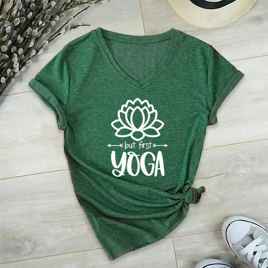 Olivenorma But First Yoga Simple Outline Lotus Text Graphic Women's V Neck T-Shirt - image 6