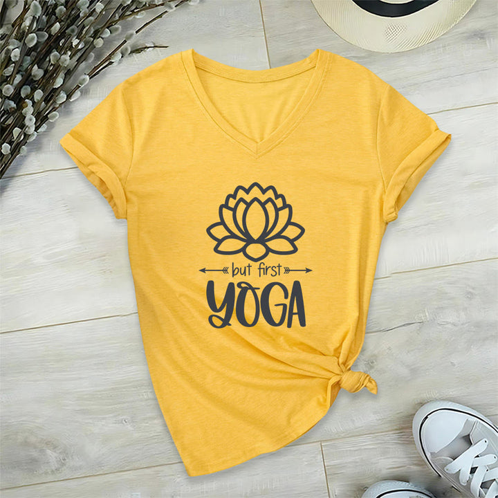 Olivenorma But First Yoga Simple Outline Lotus Text Graphic Women's V Neck T-Shirt - image 30