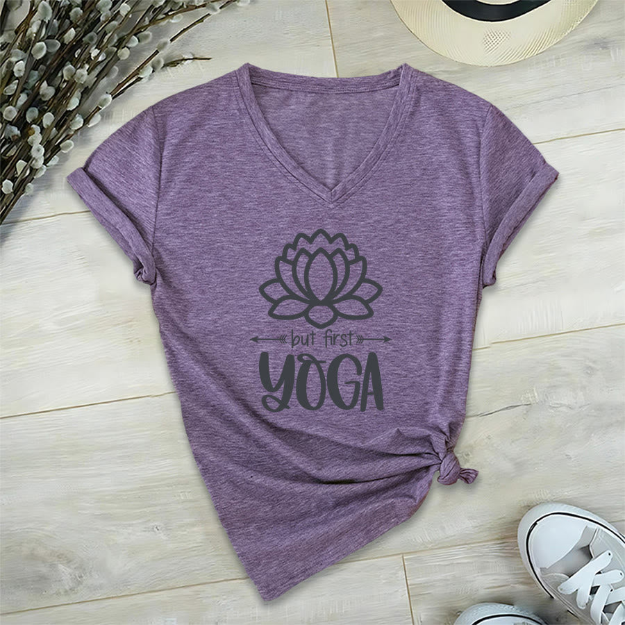 Olivenorma But First Yoga Simple Outline Lotus Text Graphic Women's V Neck T-Shirt - image 36