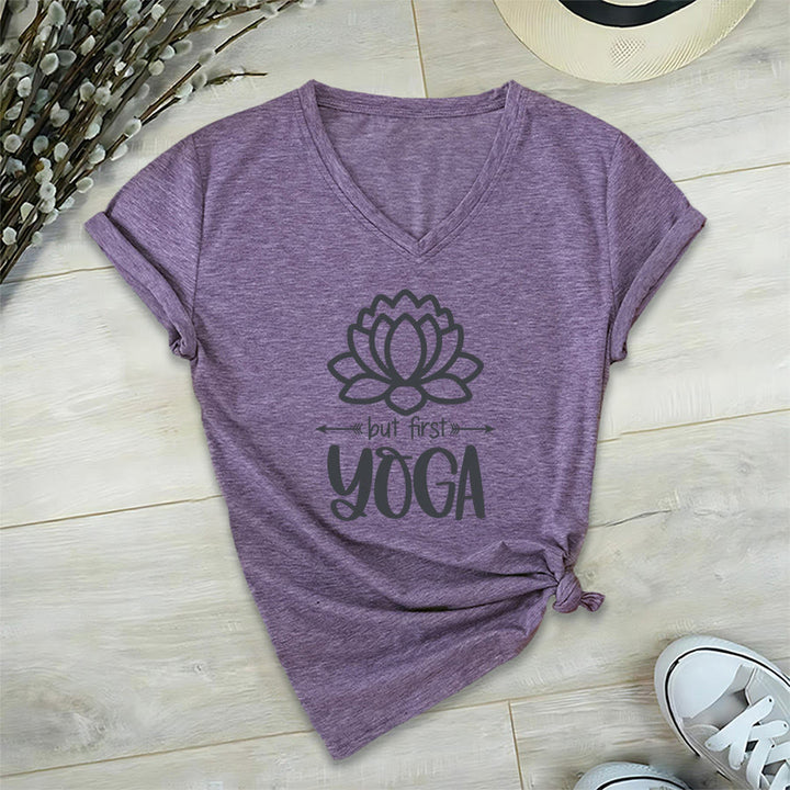 Olivenorma But First Yoga Simple Outline Lotus Text Graphic Women's V Neck T-Shirt - image 36