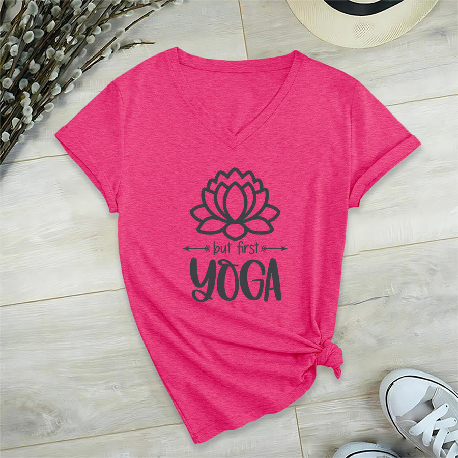 Olivenorma But First Yoga Simple Outline Lotus Text Graphic Women's V Neck T-Shirt - image 33