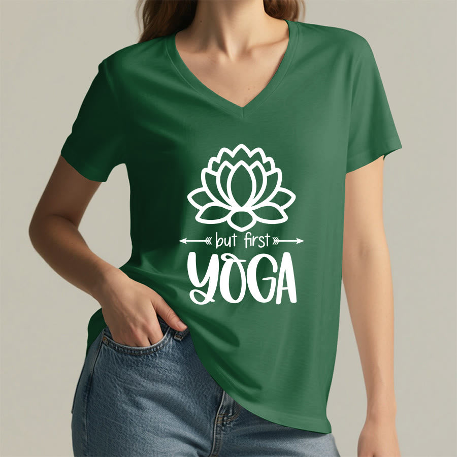 Olivenorma But First Yoga Simple Outline Lotus Text Graphic Women's V Neck T-Shirt - image 8