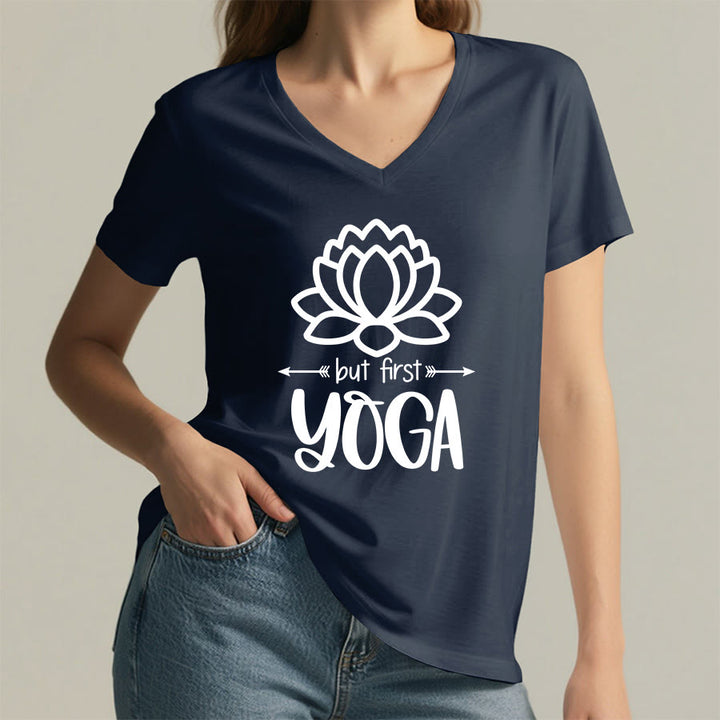 Olivenorma But First Yoga Simple Outline Lotus Text Graphic Women's V Neck T-Shirt - image 26