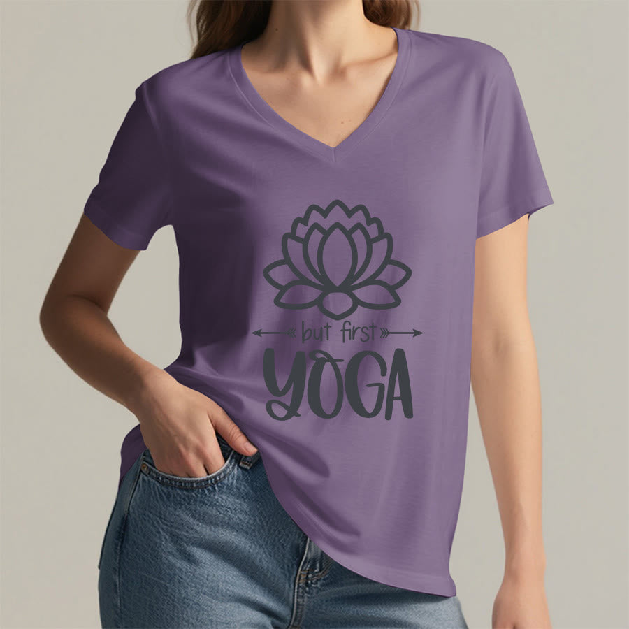 Olivenorma But First Yoga Simple Outline Lotus Text Graphic Women's V Neck T-Shirt - image 38
