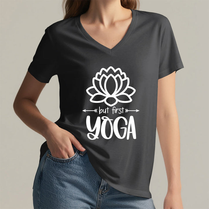 Olivenorma But First Yoga Simple Outline Lotus Text Graphic Women's V Neck T-Shirt - image 23