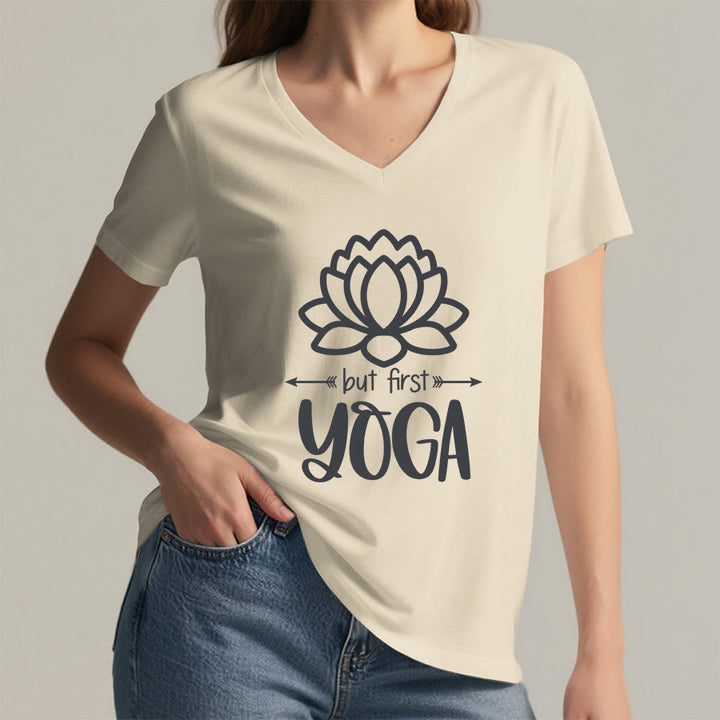 Olivenorma But First Yoga Simple Outline Lotus Text Graphic Women's V Neck T-Shirt - image 11