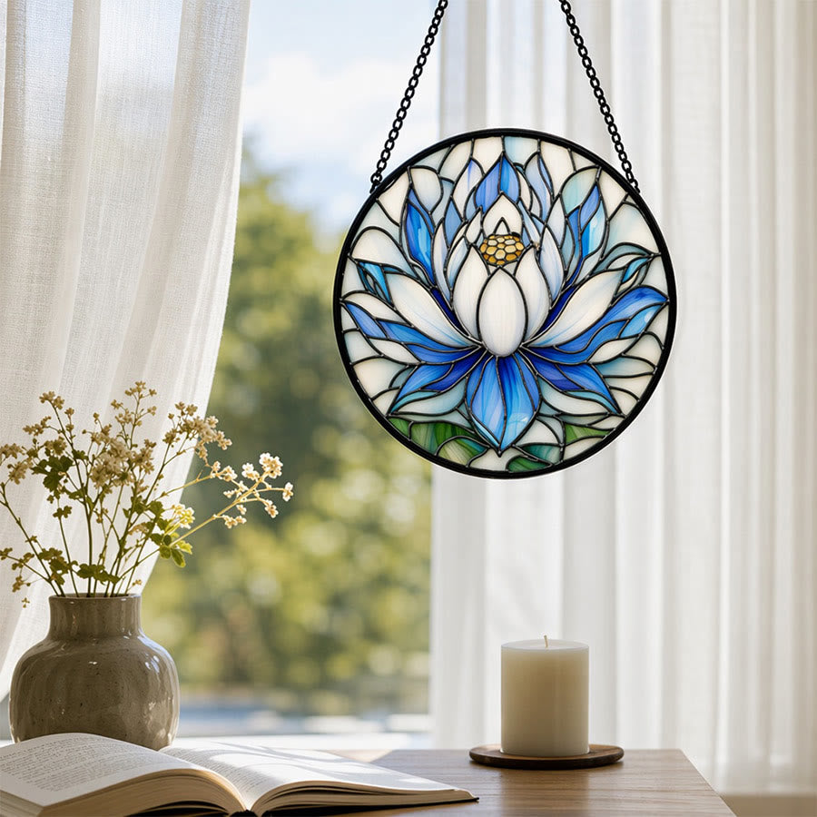 Olivenorma 2D Round Blue White Lotus Mosaic Stained Glass Sun Catcher - image 4