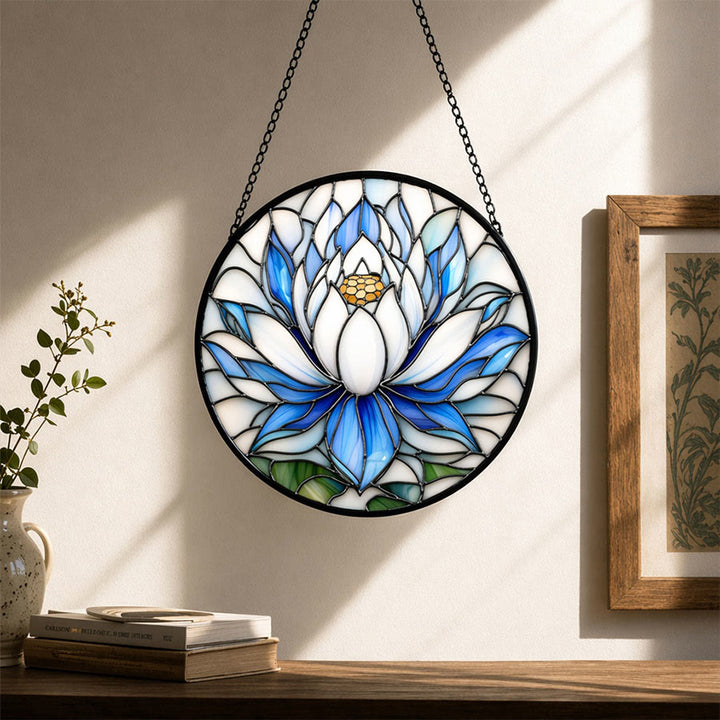 Olivenorma 2D Round Blue White Lotus Mosaic Stained Glass Sun Catcher - image 2