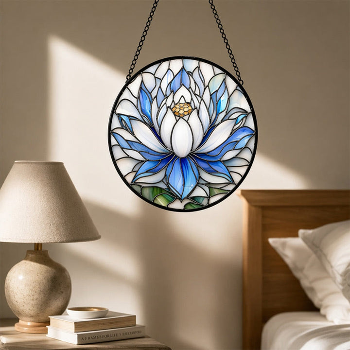 Olivenorma 2D Round Blue White Lotus Mosaic Stained Glass Sun Catcher - image 3