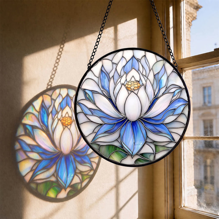 Olivenorma 2D Round Blue White Lotus Mosaic Stained Glass Sun Catcher - 30cm*30cm - image 0