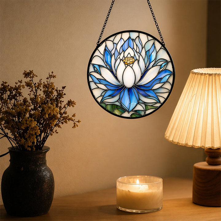 Olivenorma 2D Round Blue White Lotus Mosaic Stained Glass Sun Catcher - image 5