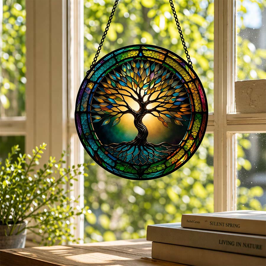 Olivenorma 2D Round Gradient Rim Silhouette Tree Of Life Stained Glass Sun Catcher - image 1