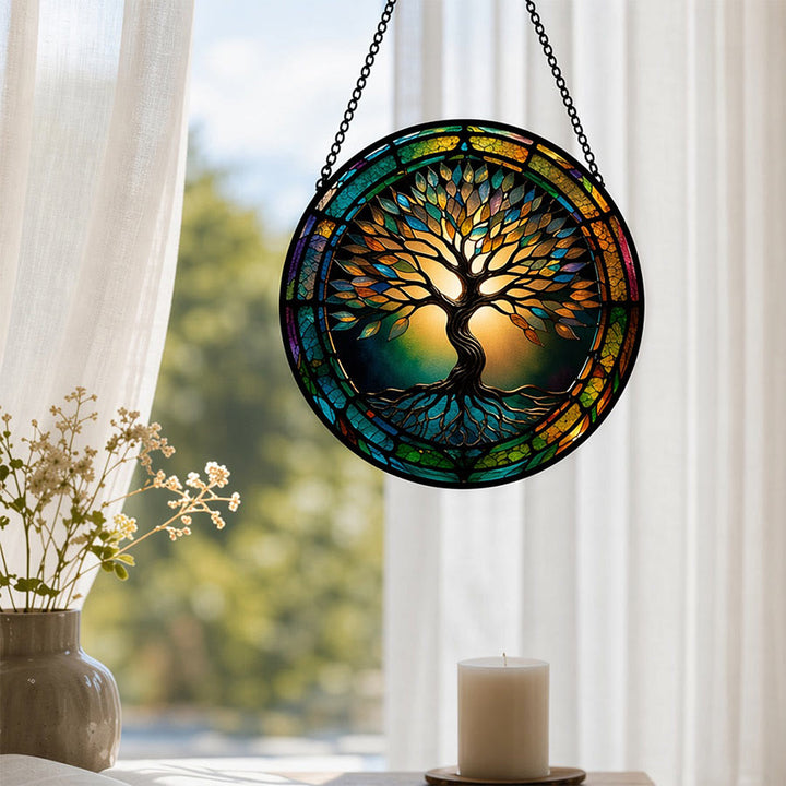Olivenorma 2D Round Gradient Rim Silhouette Tree Of Life Stained Glass Sun Catcher - image 3