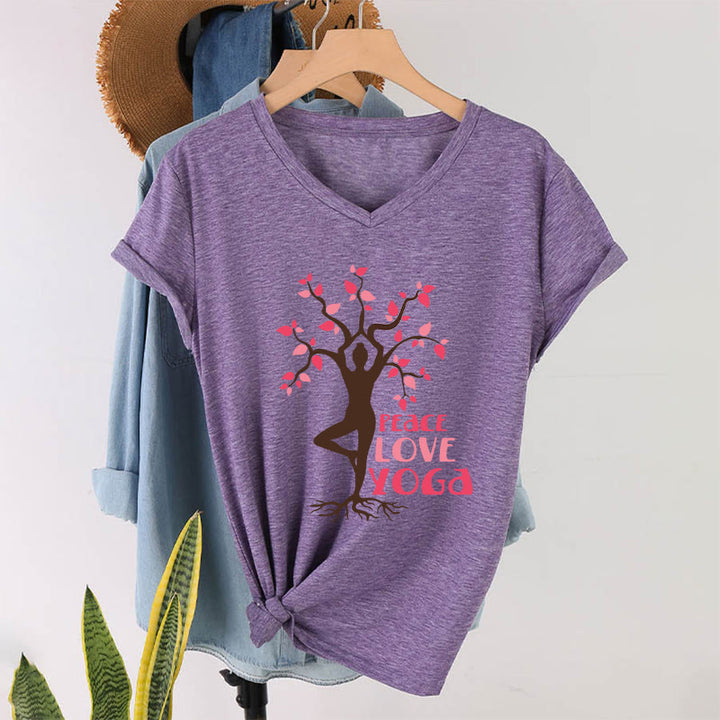 Olivenorma Peace Love Yoga Tree Pose Tree Of Life Graphic Women's V Neck T-Shirt - Purple - 2XL - image 37