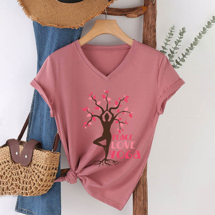 Olivenorma Peace Love Yoga Tree Pose Tree Of Life Graphic Women's V Neck T-Shirt - Pink - 2XL - image 13