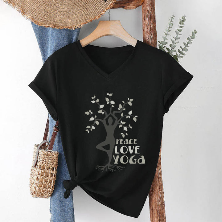 Olivenorma Peace Love Yoga Tree Pose Tree Of Life Graphic Women's V Neck T-Shirt - Black - 2XL - image 19