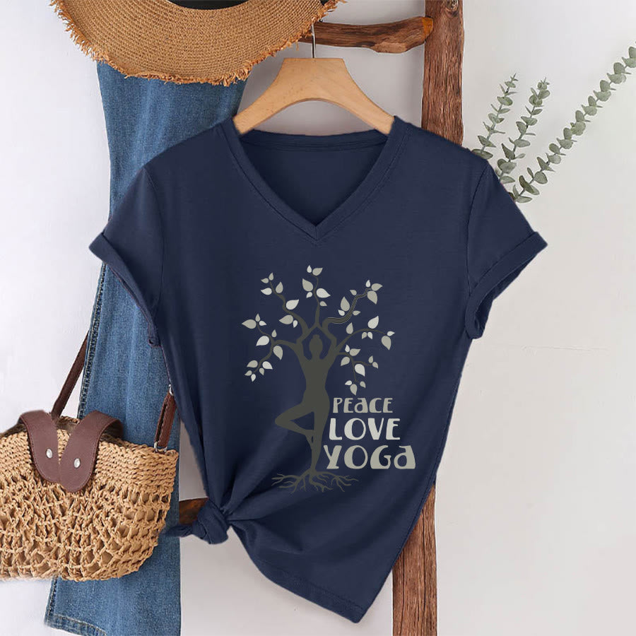 Olivenorma Peace Love Yoga Tree Pose Tree Of Life Graphic Women's V Neck T-Shirt - Navy Blue - 2XL - image 25