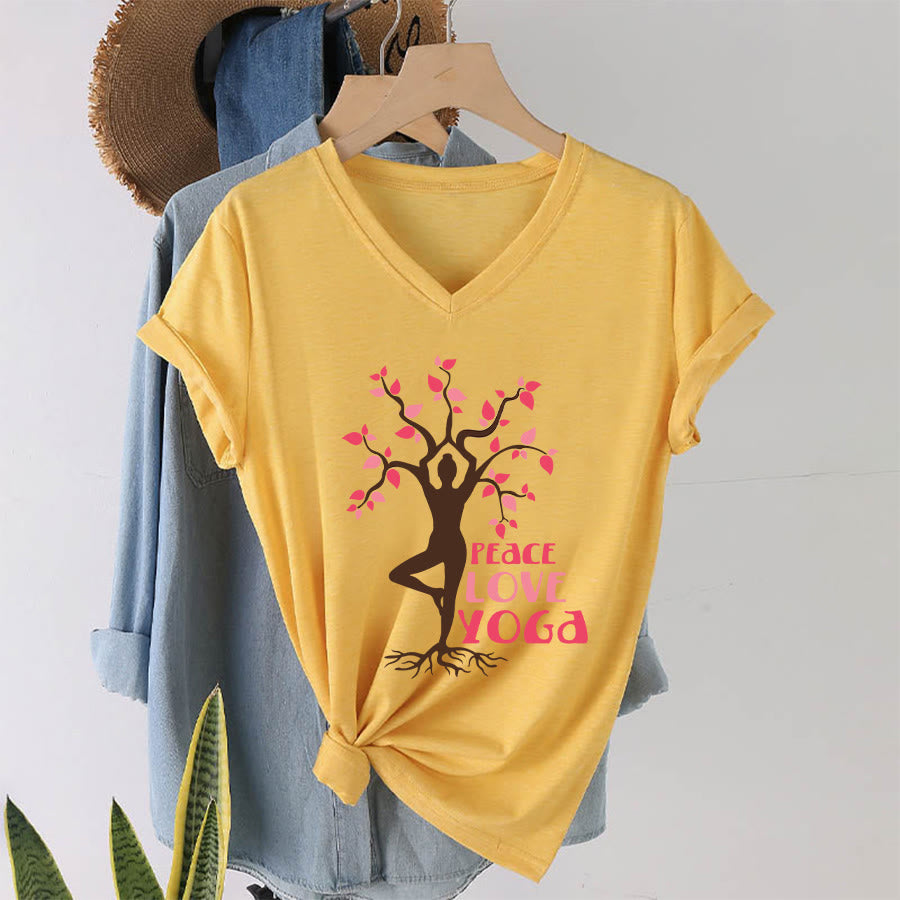 Olivenorma Peace Love Yoga Tree Pose Tree Of Life Graphic Women's V Neck T-Shirt - Yellow - 2XL - image 31