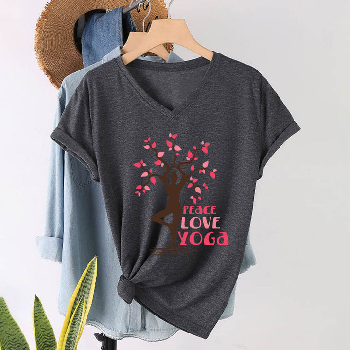 Olivenorma Peace Love Yoga Tree Pose Tree Of Life Graphic Women's V Neck T-Shirt - Gray - 2XL - image 22