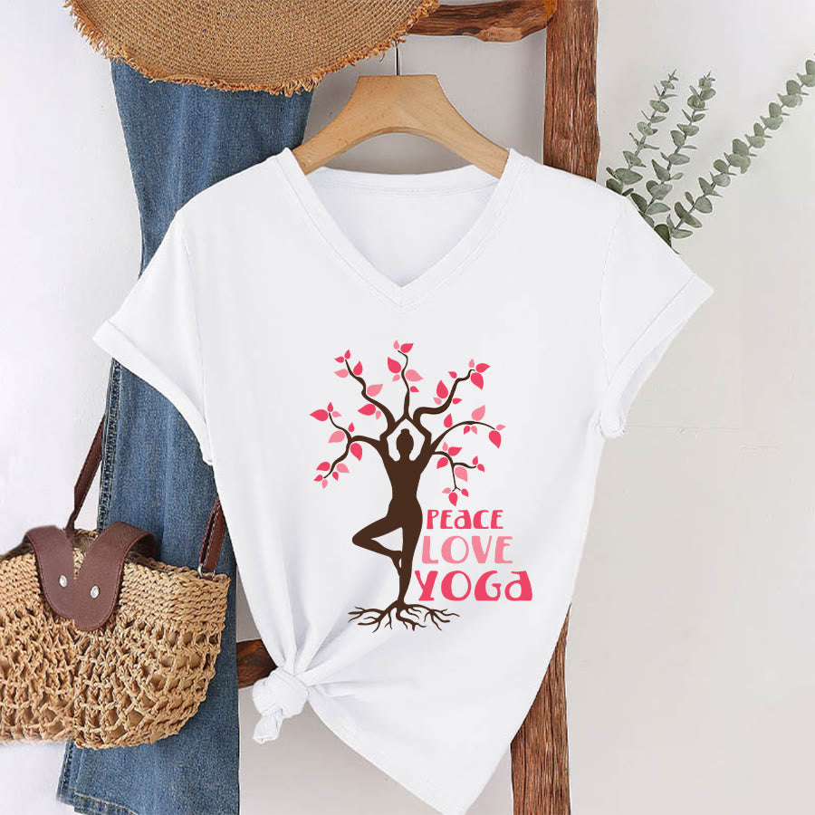 Olivenorma Peace Love Yoga Tree Pose Tree Of Life Graphic Women's V Neck T-Shirt - White - 2XL - image 1