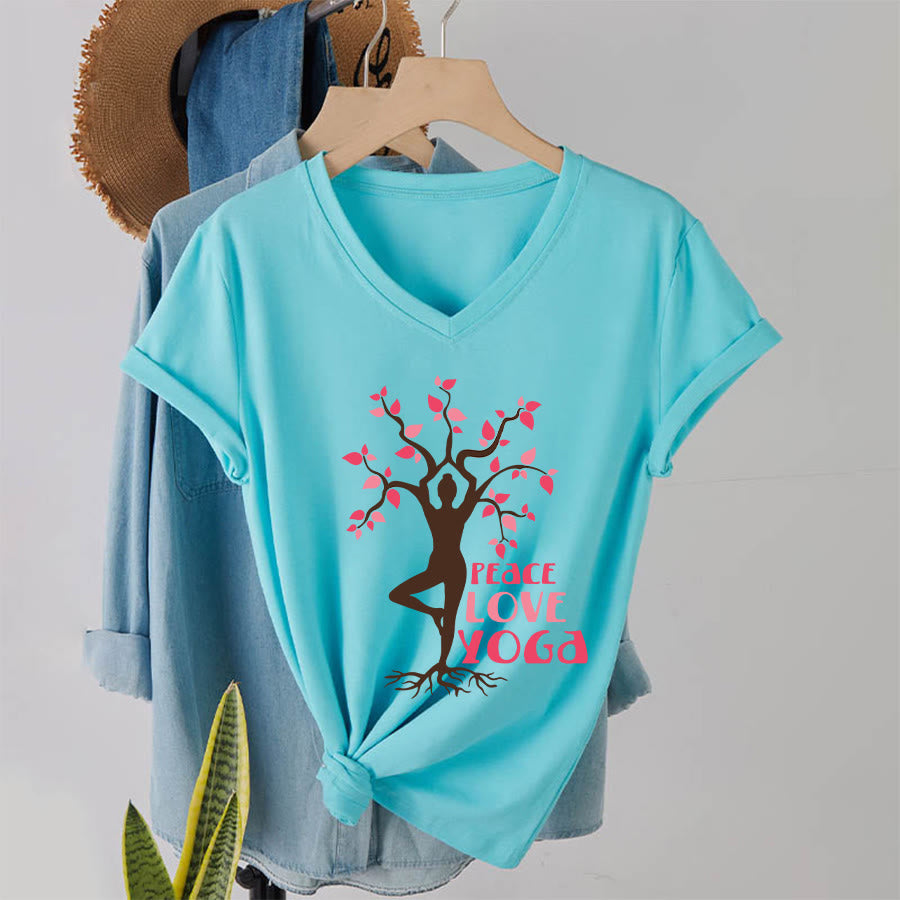 Olivenorma Peace Love Yoga Tree Pose Tree Of Life Graphic Women's V Neck T-Shirt - Lake Blue - 2XL - image 16