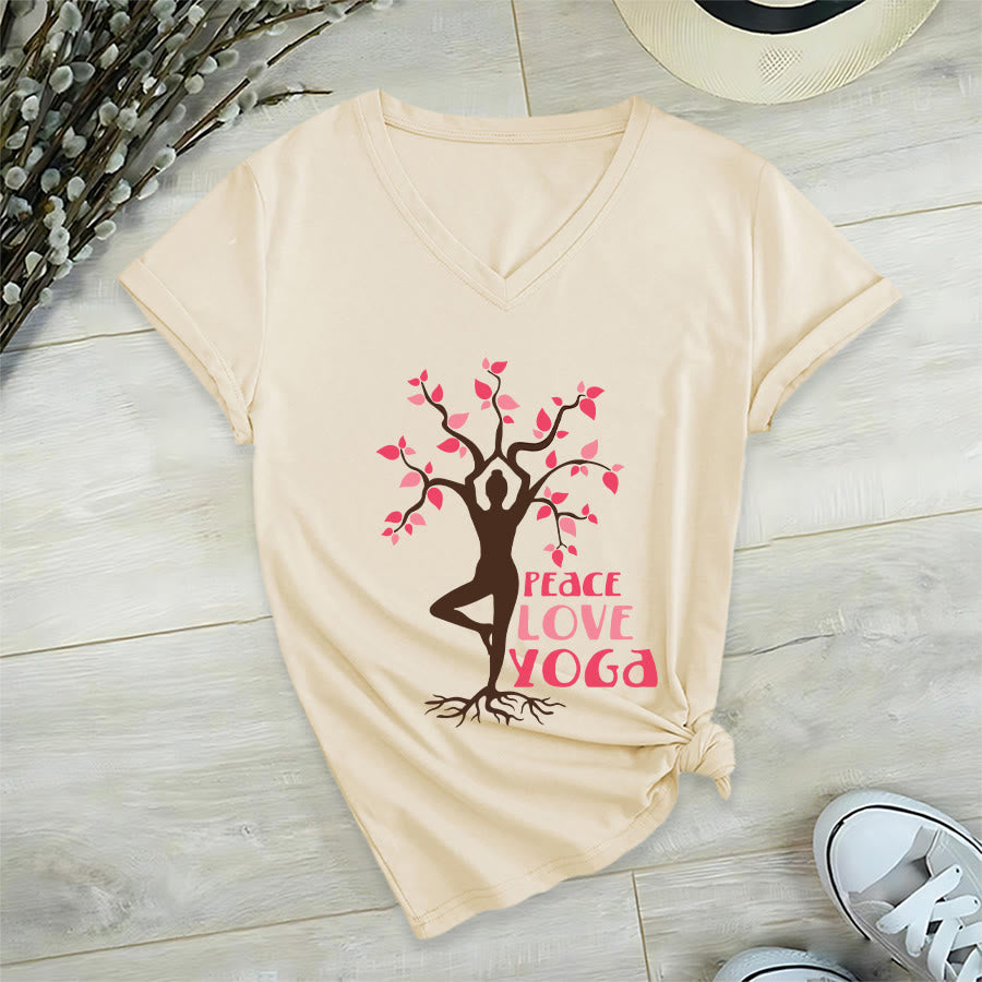 Olivenorma Peace Love Yoga Tree Pose Tree Of Life Graphic Women's V Neck T-Shirt - image 3