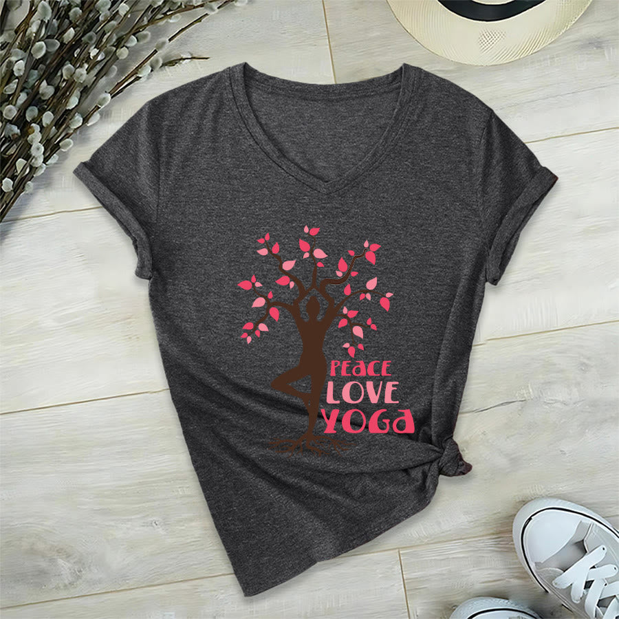 Olivenorma Peace Love Yoga Tree Pose Tree Of Life Graphic Women's V Neck T-Shirt - image 21