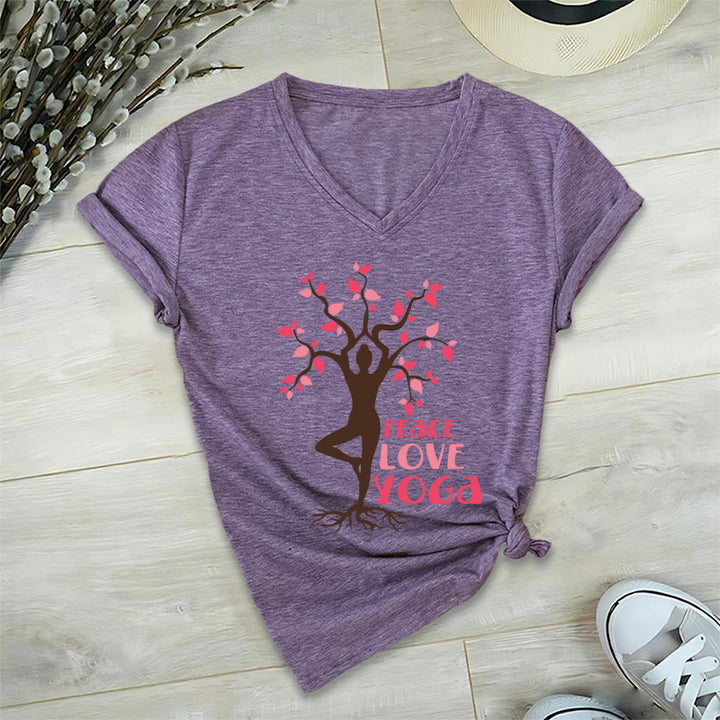 Olivenorma Peace Love Yoga Tree Pose Tree Of Life Graphic Women's V Neck T-Shirt - image 36