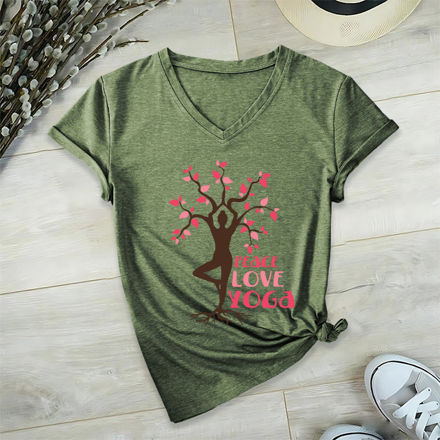 Olivenorma Peace Love Yoga Tree Pose Tree Of Life Graphic Women's V Neck T-Shirt - image 9
